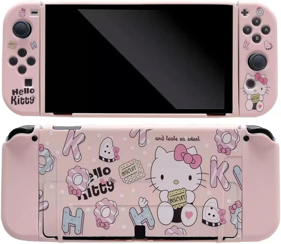 Cute Hello Kitty Case Compatible with Nintendo Switch OLED, Dockable Case Cover, Ergonomic Soft TPU Grip Case for Joycon, Sparkle Skin Set