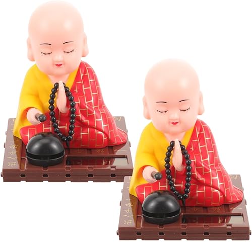 2 figuras solares de monje con cabeza temblorosa, decoración de tablero de instrumentos de Buda para coche, hogar, estatua compacta de cabeza de