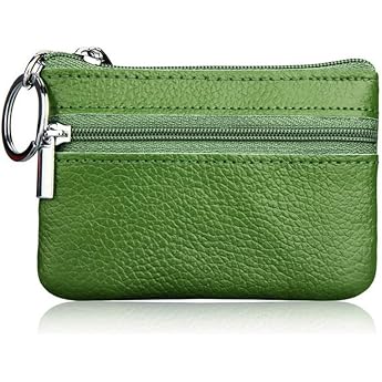 Hibate Mini Coin Purse Holder Wallet Leather Purses for Women Men Kids Zipper Pouch with Key Ring - Green