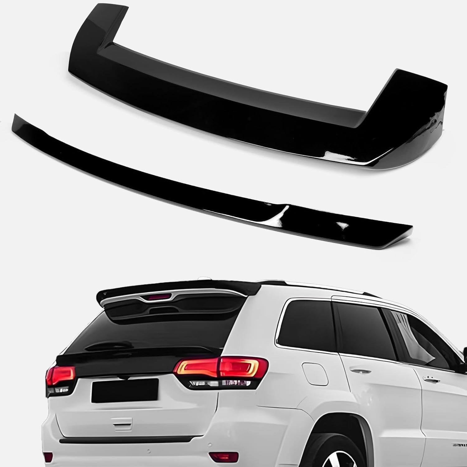 Fit for 2013-2021 Jeep Grand Cherokee Rear Spoiler Combination - Roof Window Spoiler + Tailgate Center Wing OEM Style ABS Gloss Black 2-Piece Set