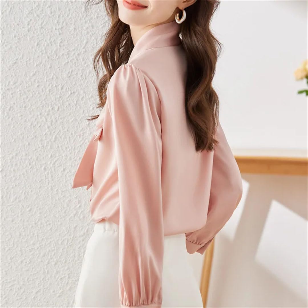 Camicetta da donna in raso elegante chic con colletto a fiocco coreano solido manica lunga top
