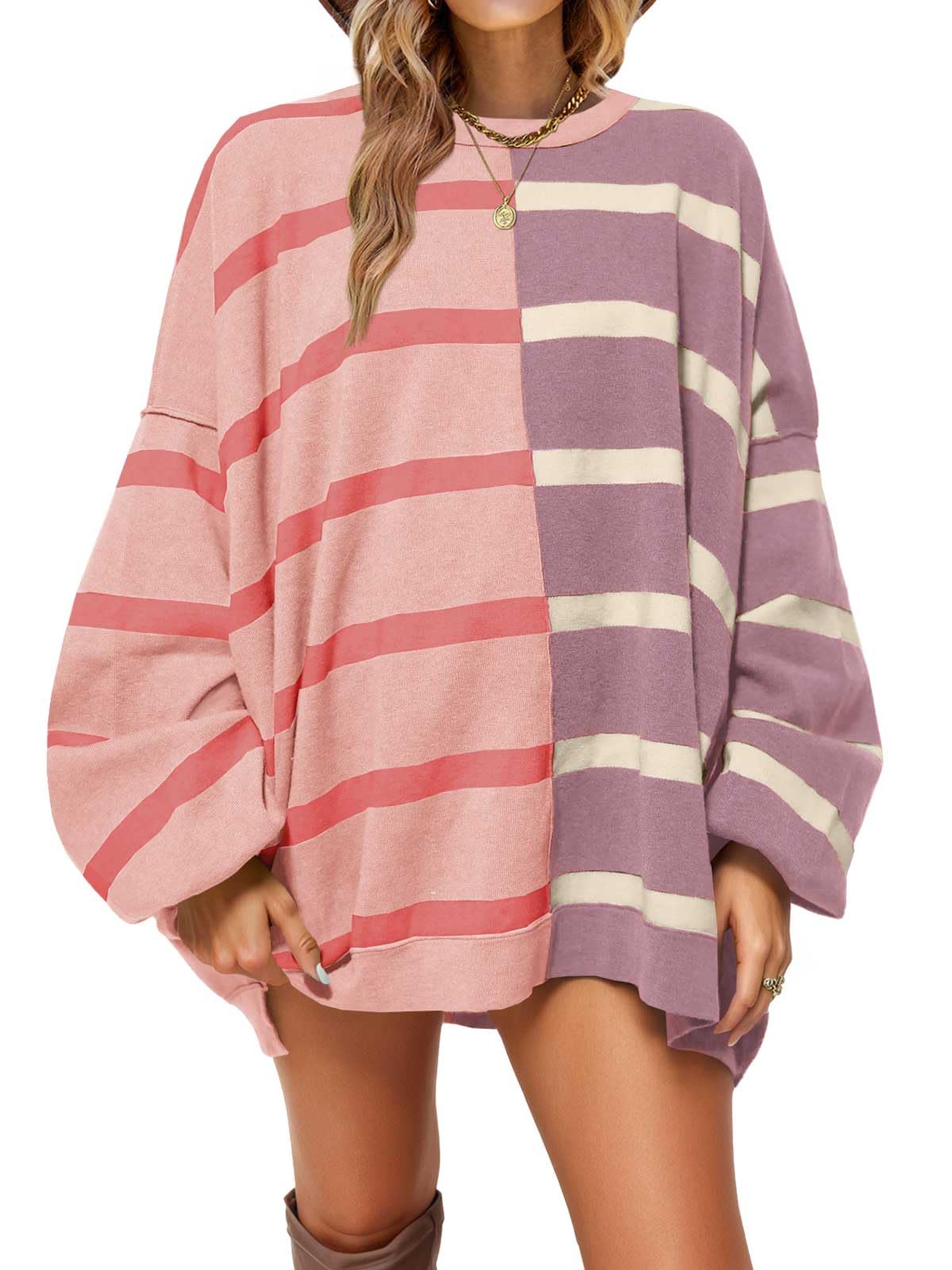 Fisoew Womens Striped Pullover Sweater Crew Neck Long Sleeve Knitted Color Block Casual Loose Lightweight Sweaters for Women