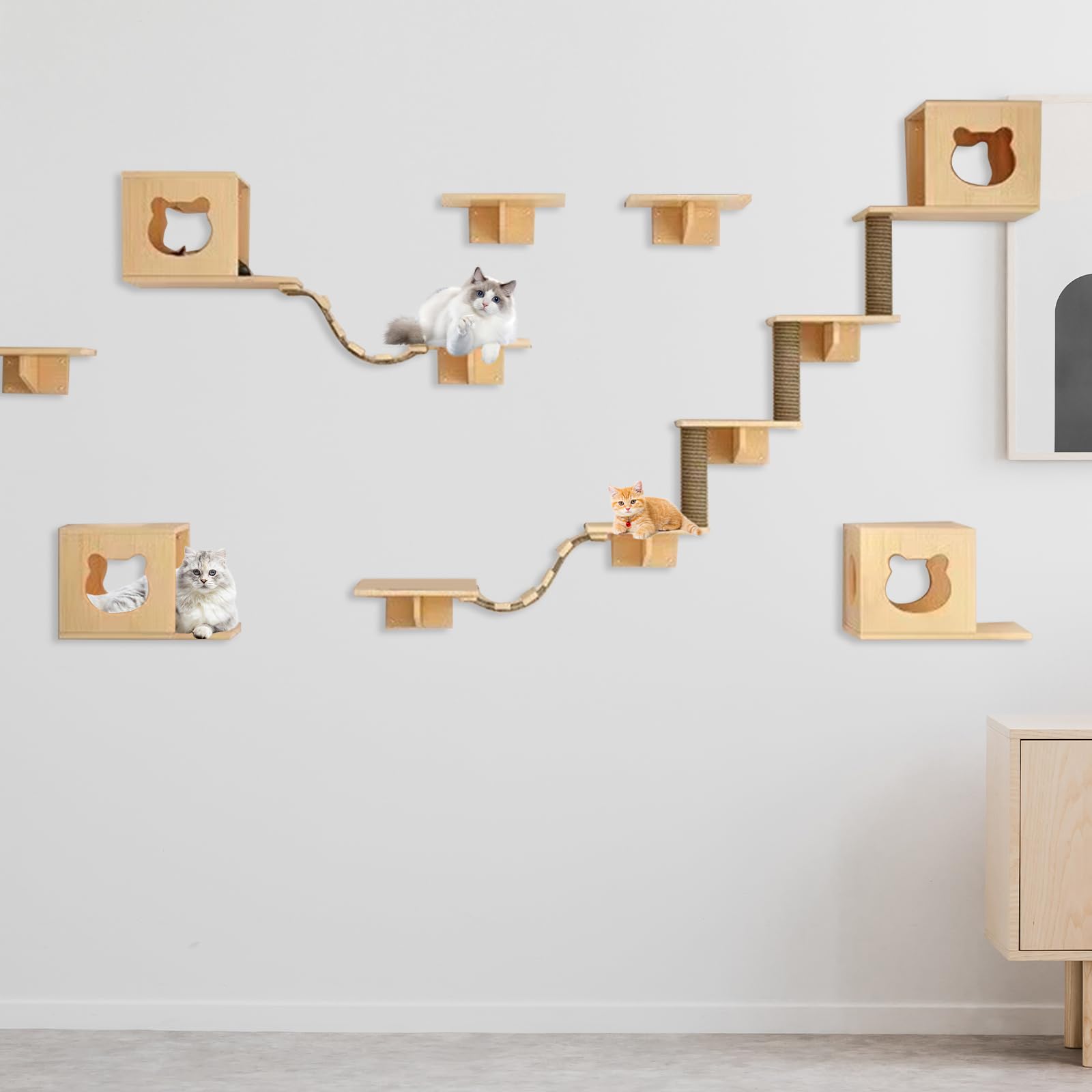 Étagères Murales pour Chat, Ensemble de Meubles Muraux en Bois avec Maison pour Chat, Plateformes d’Escalade, Escaliers, Pont Suspendu et Poteaux en Sisal, Arbre à Chat Mural Gain de Place