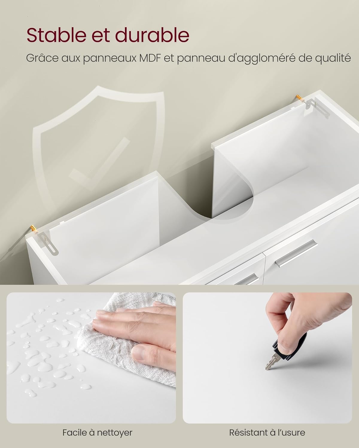 Image showing a hand wiping the cabinet surface with a cloth, demonstrating easy cleaning
