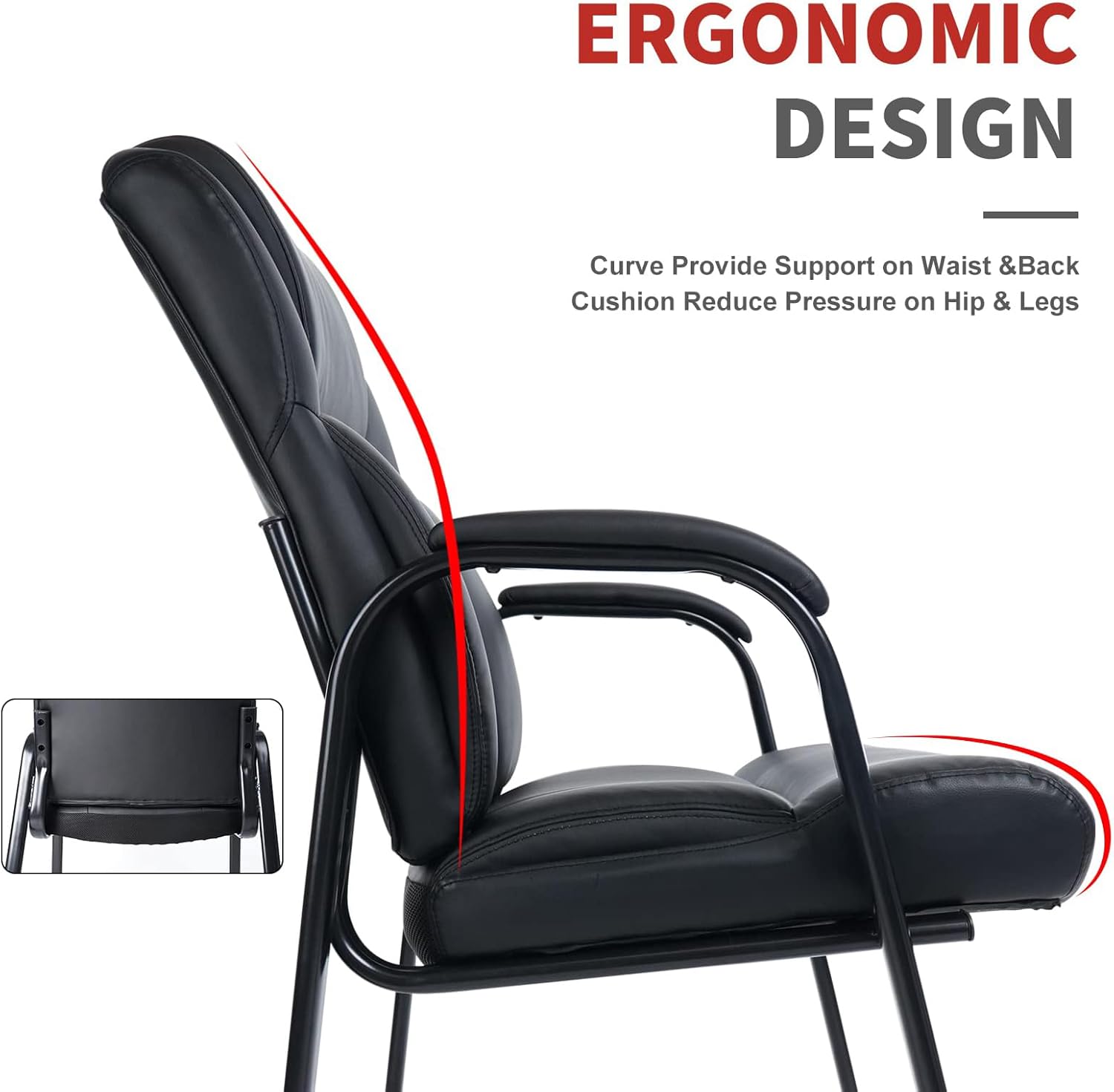 CLATINA Big and Tall Office Chair 400lbs Leather Reception Chair with Bonded Padded Armrest Wide Seat Sled Base Desk Chair No Wheels for Reception Conference Waiting Room Side Office Home Black