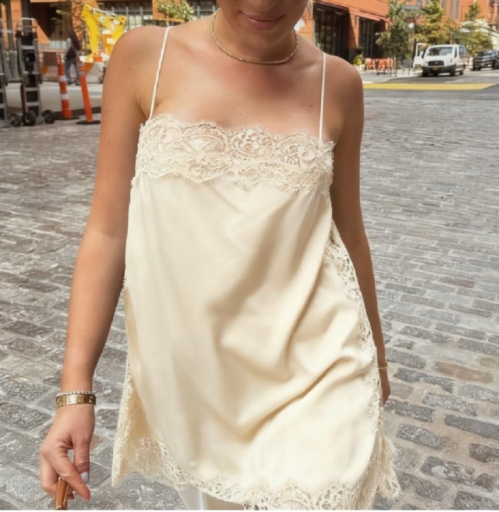 Women Satin Lace Trim Cami Top Elegant Square Neck Spaghetti Strap Tank Tops Silky Side Slit Flowy Camisole - Image 2