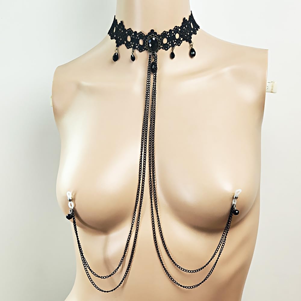 Sexy Fake Nipple Rings Nipple Noose Black Lace Choker Necklace Non-Piercing Nipple Rings Body Chain Nipple Chain for Women Clothing Accessories