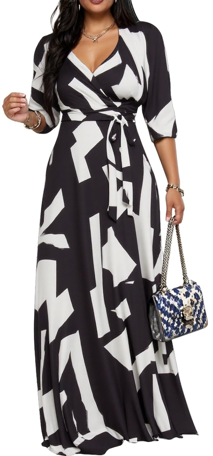 Women's Church Maxi Wrap V Neck 3/4 Sleeve Tie Waist Plus Size Long Dress