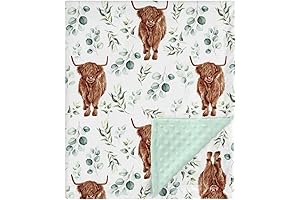 Adorable Highland Cow Eucalyptus Leaf Mink Baby Blanket