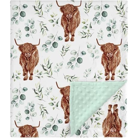 Adorable Highland Cow Eucalyptus Leaf Mink Baby Blanket