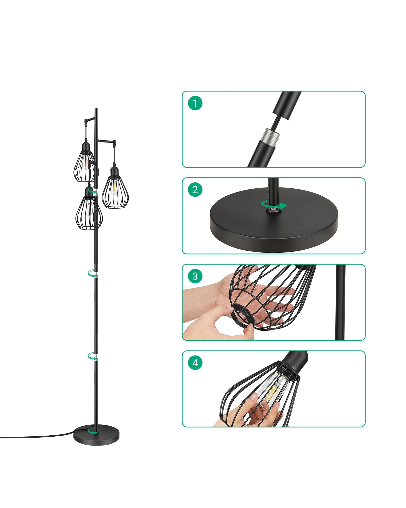 EDISHINE Lampadaire Salon, 3 Lumières, LED Dimmable, Vintage