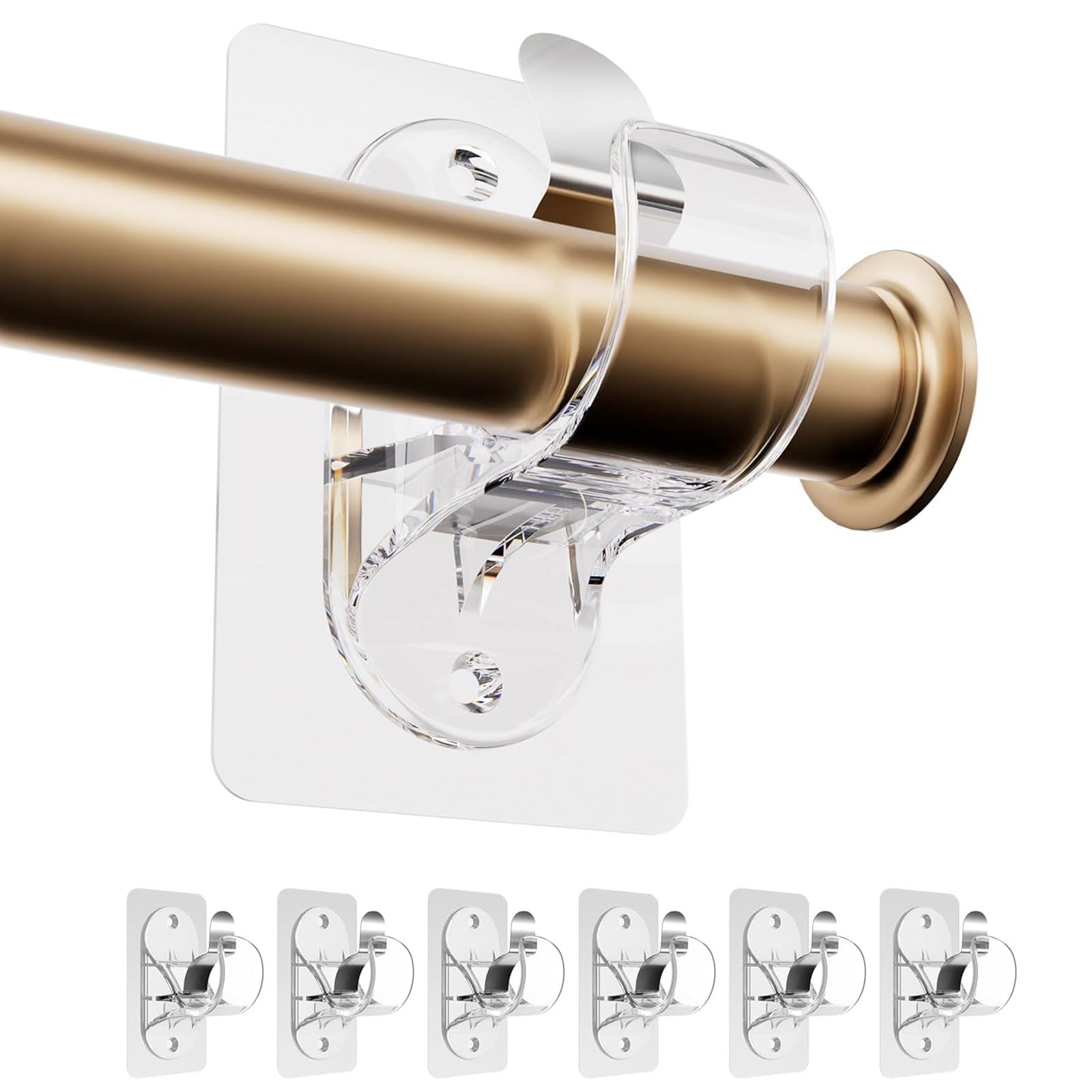 BelleVive 6-Pack Curtain Pole Holders without Drilling, Self-Adhesive Curtain Rod Brackets, Adjustable, Nail-Free Curtain Hooks, Strong Stick-On Hooks (Transparent)