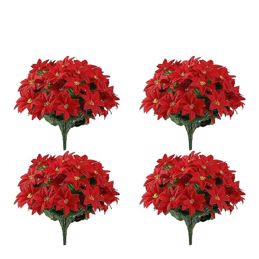 FACAIIO Juego de 4 flores rojas de Navidad de 36 cm, flor de Pascua artificial para interiores y exteriores, porche, jardín, decoración de vacaciones