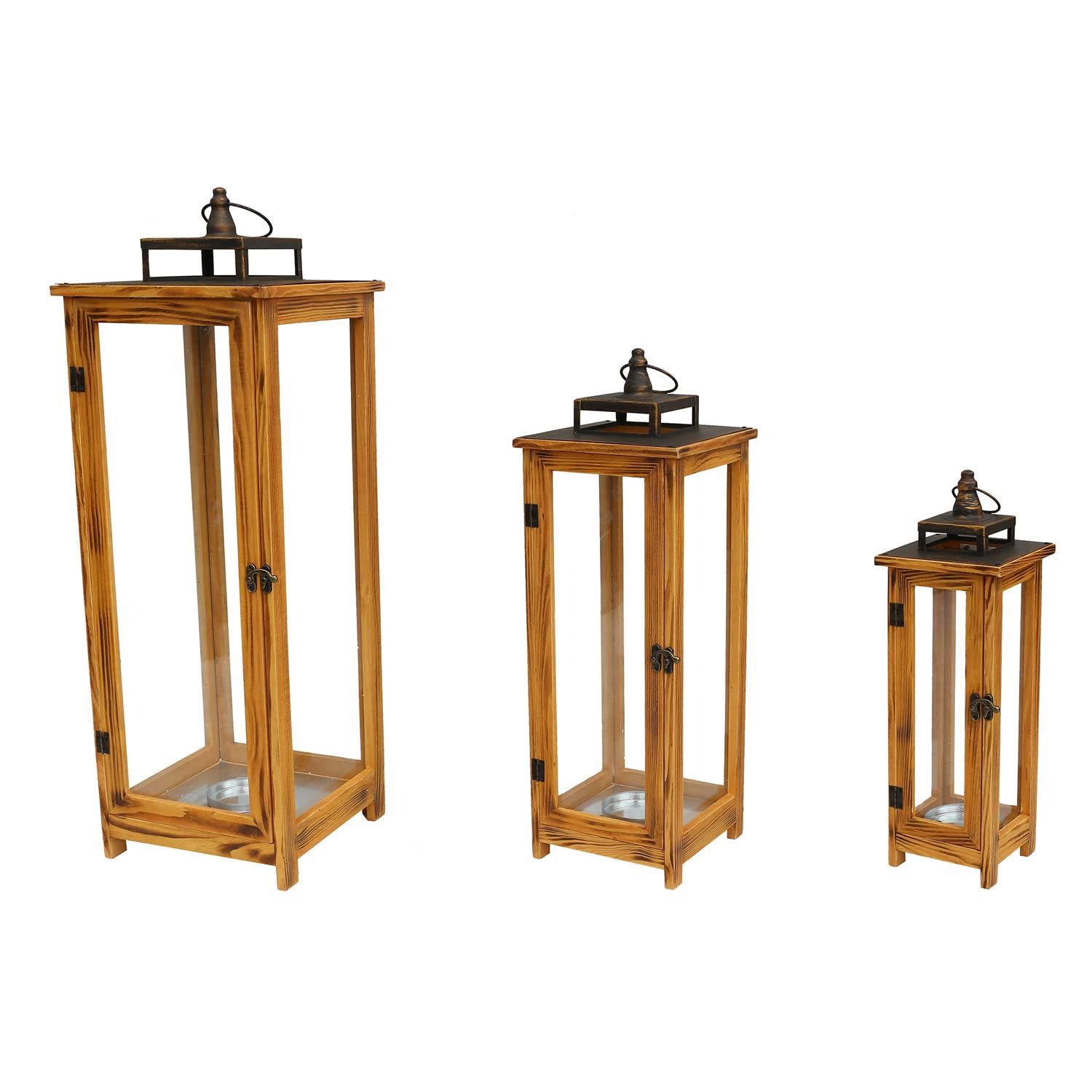Mojawo Set di lanterne da giardino in legno massiccio di design XXL, dimensioni: circa 13 x 13 x 31 cm + 18 x 18 x 51 cm + 23 x 26 x 67 cm, con tetto in metallo