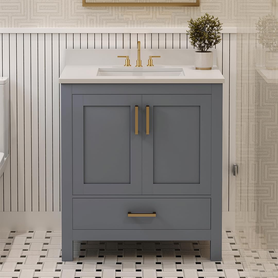 Ayna Decors Rooh 30" Solid Wood Bathroom Vanity with Sink – Charcoal Grey, 3 Pre-Drilled Faucet Holes, 2 Soft-Close Doors, 1 Full-Extension Drawer, Brushed Gold Handles