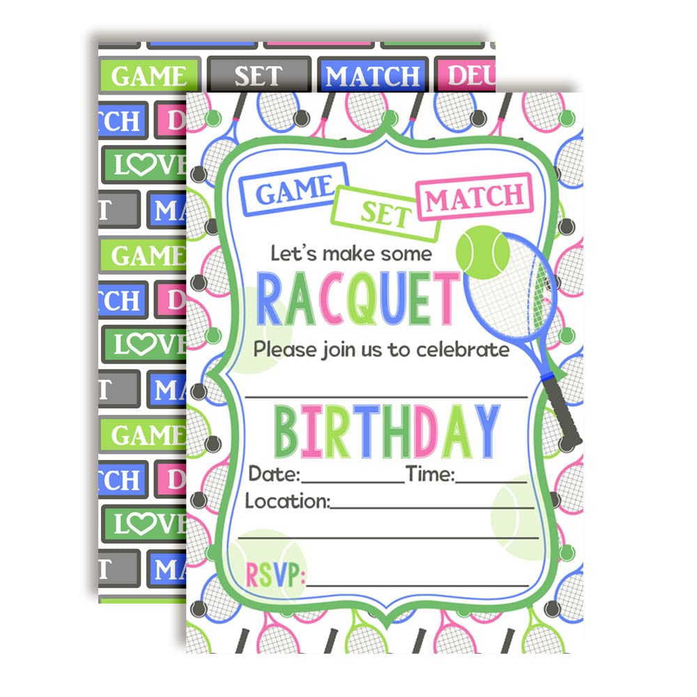 Amanda Creation Let's Make Some Racquet Tennis Birthday Party Invitations, 20 5x7 Fill-In Cards with Twenty White Envelopes