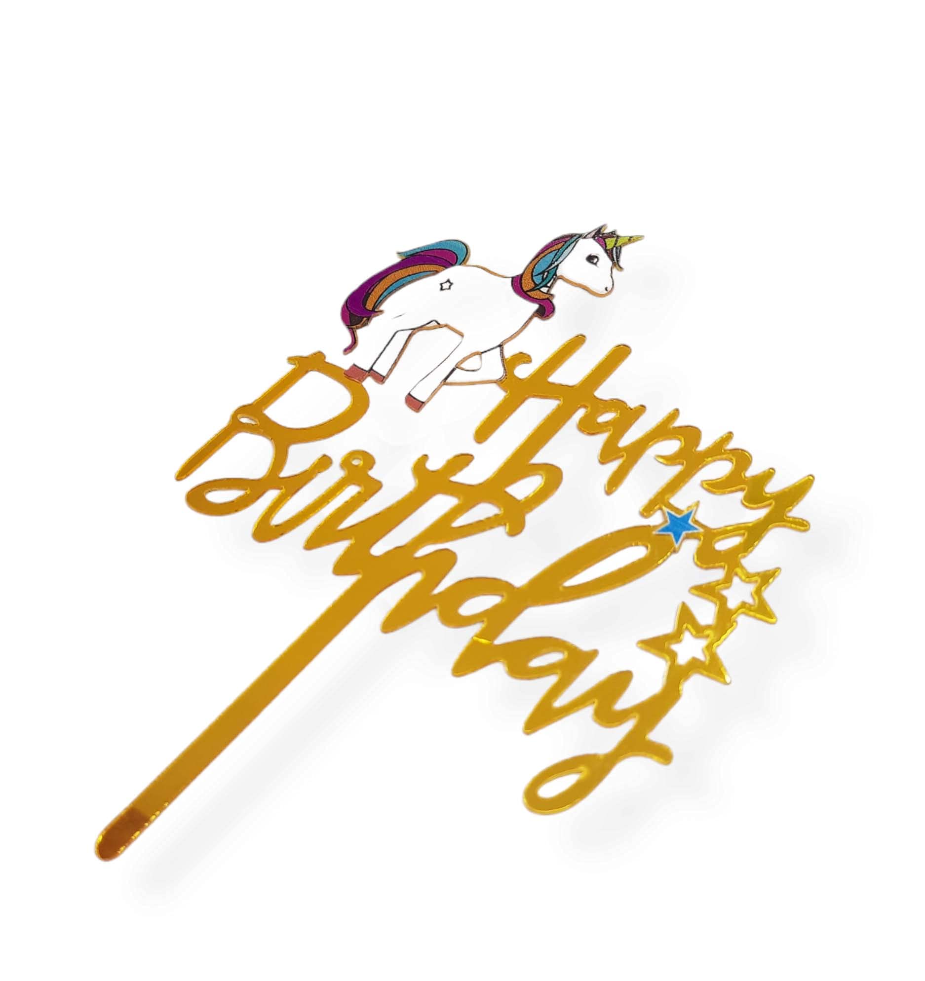 PARTY TIME - 1 Piece Happy Birthday Unicorn Design Cake Topper for Wedding, Anniversary, Birthday, Themed Parties and Event Decoration Items (Gold)