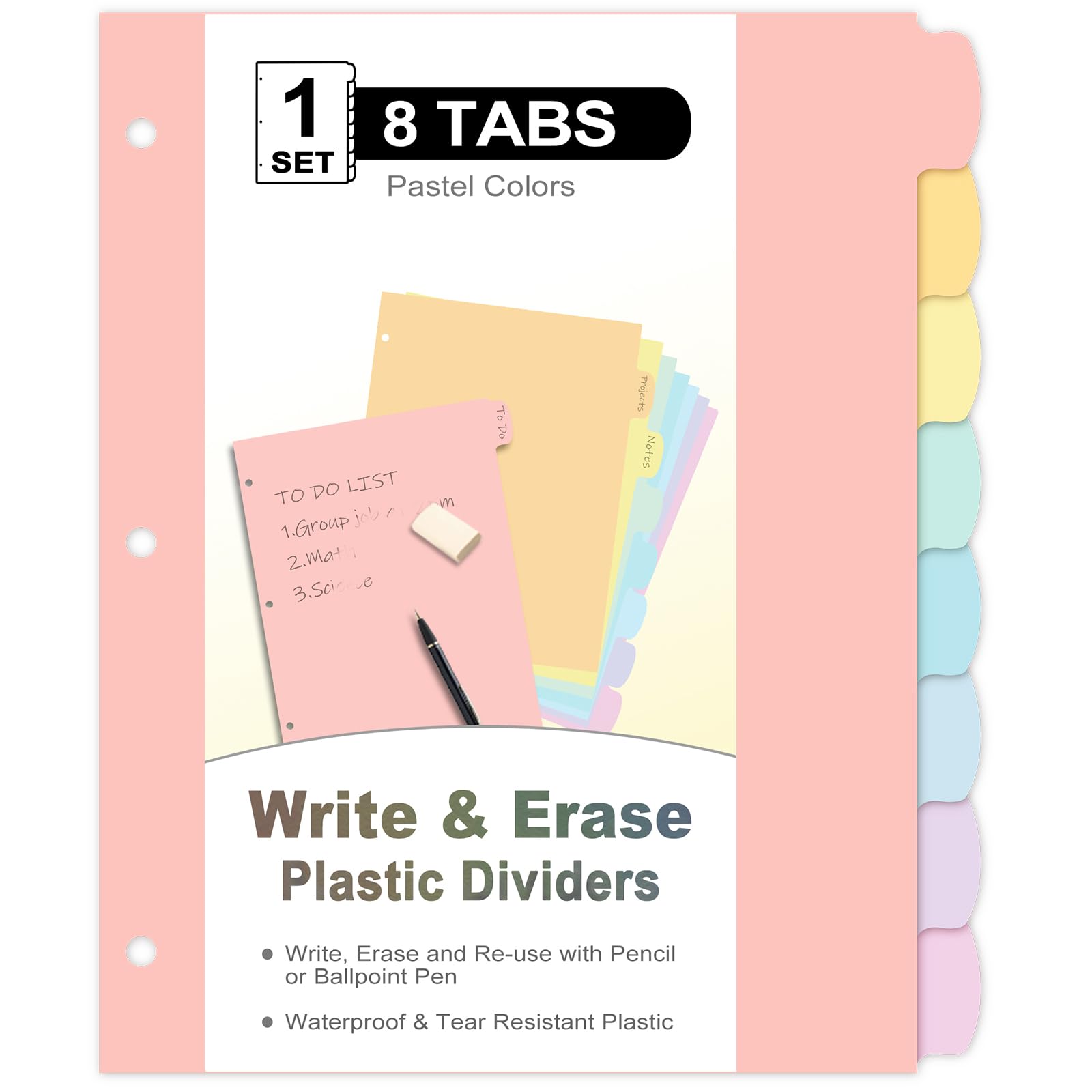 8 Count/1 Set Write & Erase Binder Dividers with Tabs, Plastic 8 Tab Dividers for 3 Ring Binder Letter Size, Separators for Student School Home Office