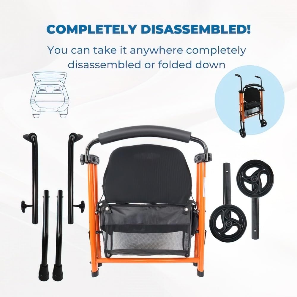 Mobiclinic, Andador Plegable, Ligero, Nerón, con Asiento y Respaldo, 2 ruedas, Conteras Antideslizantes, Máx. 100 Kg, Cesta, Acero, Naranja
