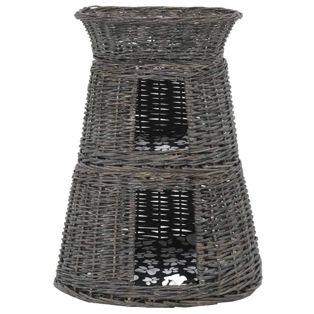 Juego de 3 cestas para gatos con cojín gris 47 x 34 x 60 cm mimbre natural, cesta para gatos, rascador, árbol trepador de sisal, muebles rascadores, cueva, nido interior para adultos, gatos y