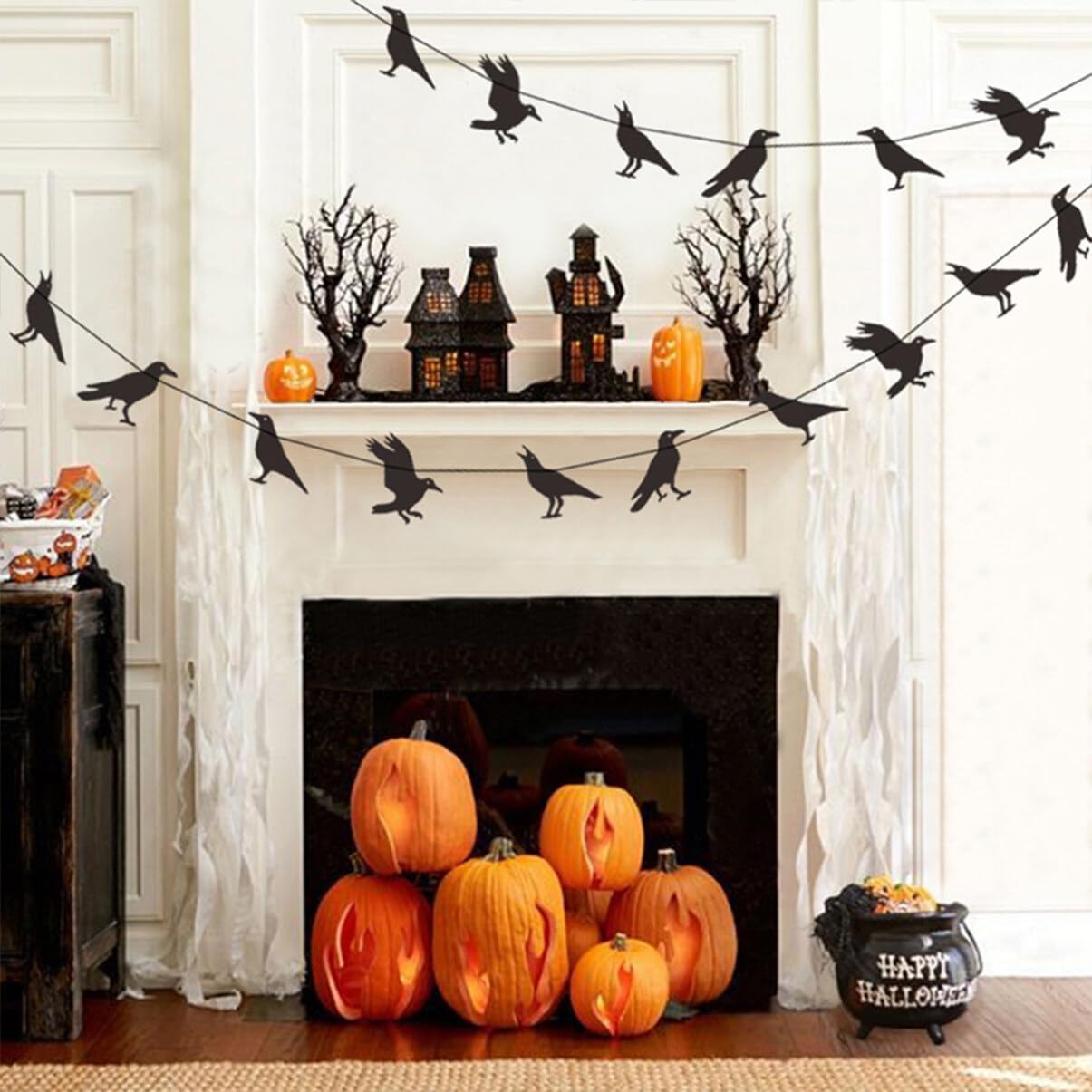 Ghirlanda Decorativa Halloween VIKY Con 18 Corvi Neri, Set Da Appendere Per Feste A Tema