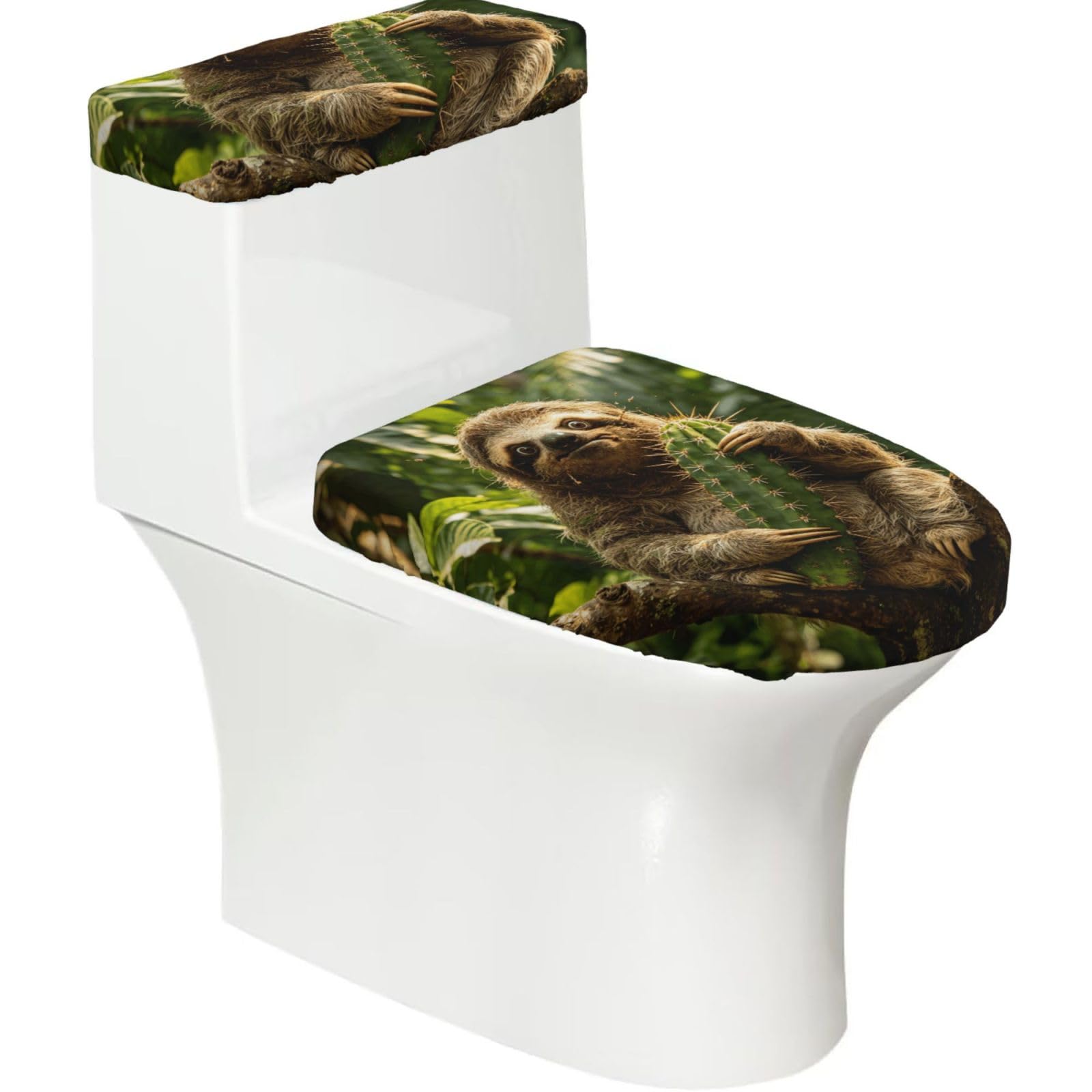 Cntdbu Black Cactus And Sloth Elastic Toilet Cover Set Of 2-Stretchy Lid And Tank Covers For Bathroom, Soft Washable U Shape Toilet Decor