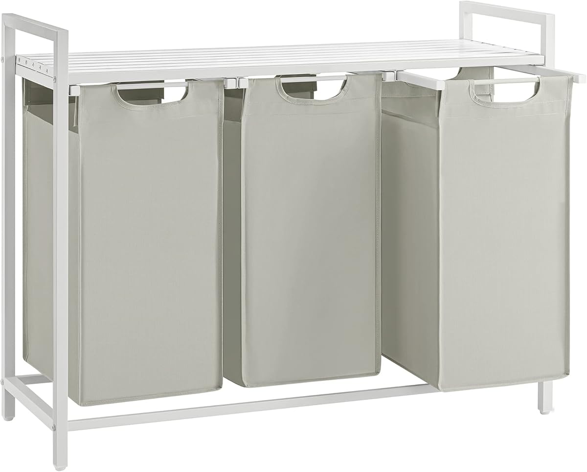 VASAGLE Laundry Hamper, Laundry Basket, Laundry Sorter with 3 Pull-Out and Removable Bags, Shelf, Metal Frame, 3 x 10.6 Gallons (40 L), 36.4 x 13 x 28.4 Inches, Cream White and Cloud White UBLH301W01