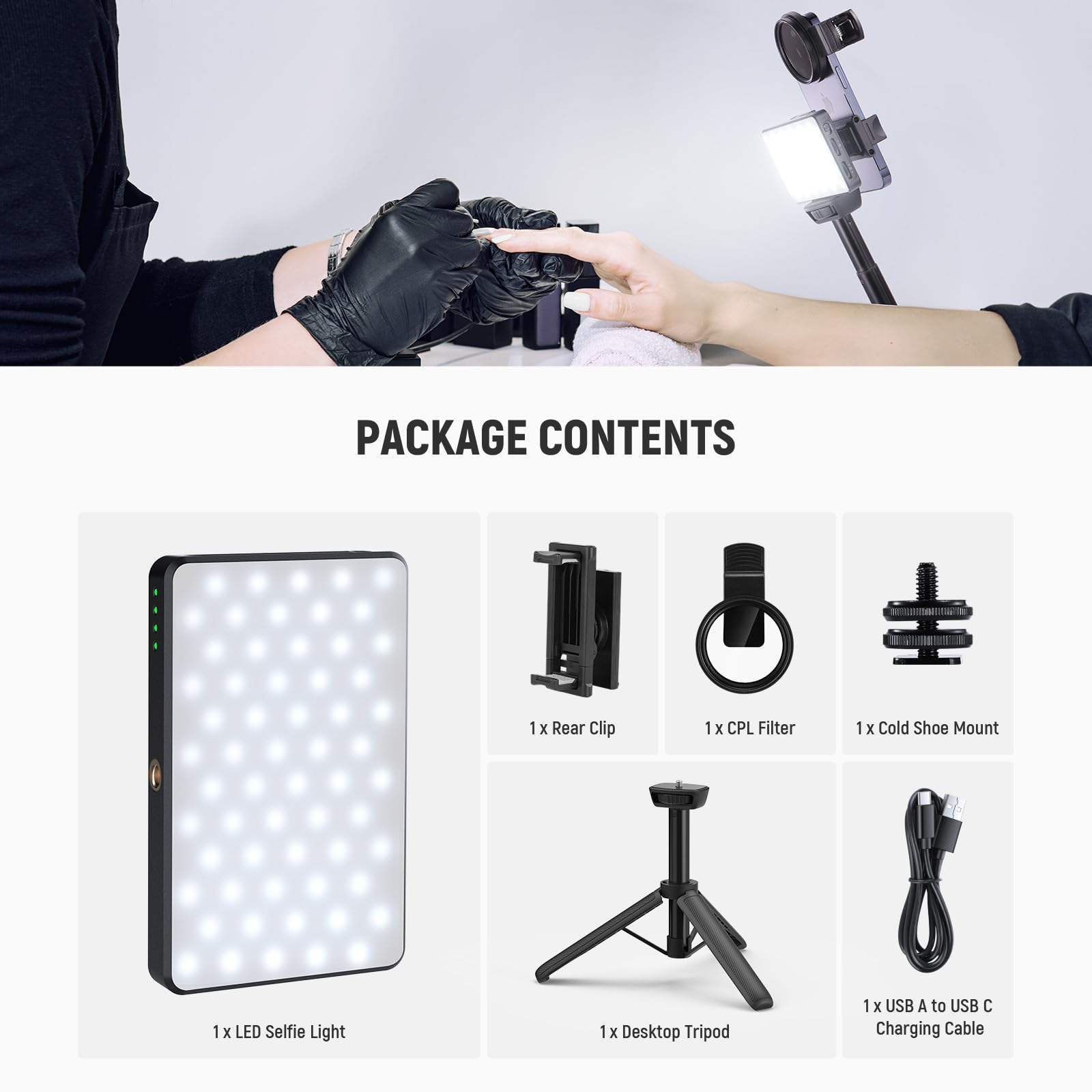NEEWRE BASICS Luce Selfie LED & Tattoo Compatibile con iPhone, Luce a Clip con Filtro CPL/Treppiede/Portatelefono, Lampada di Riempimento per Fotografia Arte Cibo Gioielli, Registrazione Video,BL120B