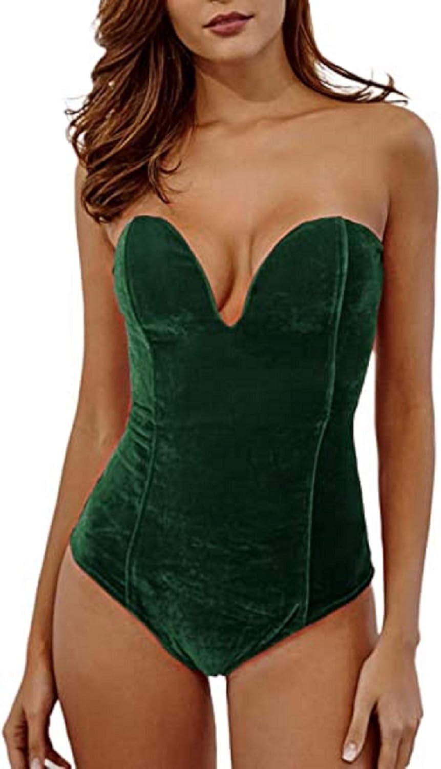 Women Sexy Velvet Strapless Bodysuit Jumpsuit Sweetheart Deep V Neck Cross Back Vintage Bodycon Leotard Bustier Top Green Small
