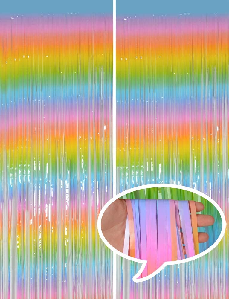 Pack Of 2 Foil Fringe Curtains Party Decorations Metallic Tinsel Curtain Glitter Foil Party Streamer Photo Booth Backdrop Party Decoration (Rainbow colors)