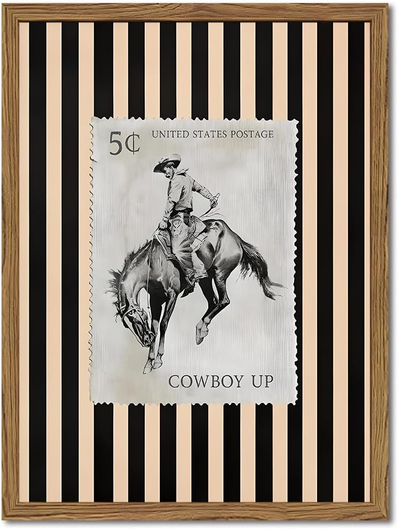 Vintage Western Wall Art, Rodeo Cowboy Horse Postage Wall Decor Mid Century Southwest With Stripes Western Canvas Prints for Living Room Bedroom Bathroom 16x24 inch Framed