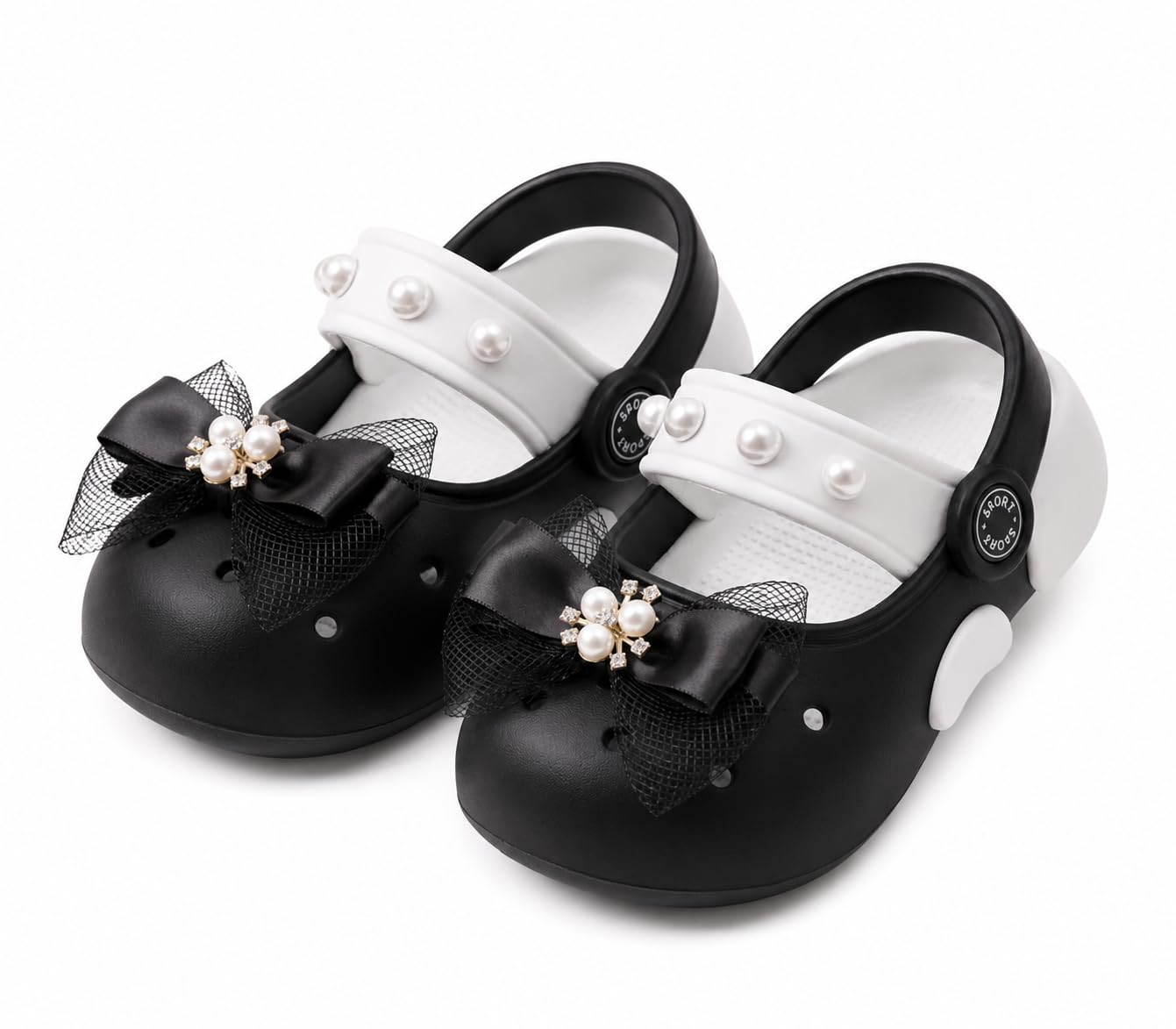 Girls' Clog Sandals with Pearl Bow Embellishment, Black-image-35