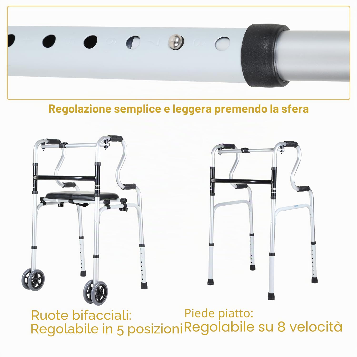 Eulenke Deambulatore pieghevole per anziani, 2 ruote girevoli, supporto camminare, regolabile altezza, alluminio, antiscivolo, stabile, fino a 180 kg, argento