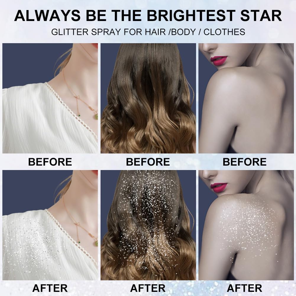 LOPHE Spray Brillantini Glitter, Glitterato Spray per Corpo Viso, Brillantini Corpo Vestiti per Capelli, Ultra Fine, Body Shimmer per Festival di Halloween, Club, Feste (100ml, Argento)
