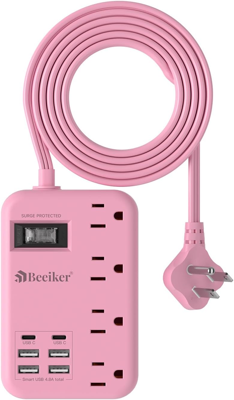 Amazon.com: 6 USB(2 USB C) Pink Extension Cord- 5Ft Pink Travel Power ...