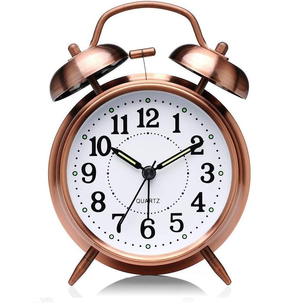 ToYooZe Vintage Look Twin Bell Analog Table Alarm Clock with Night LED Display (11 x 8 x 5 CM,Copper) (Analog Copper Color, Small)