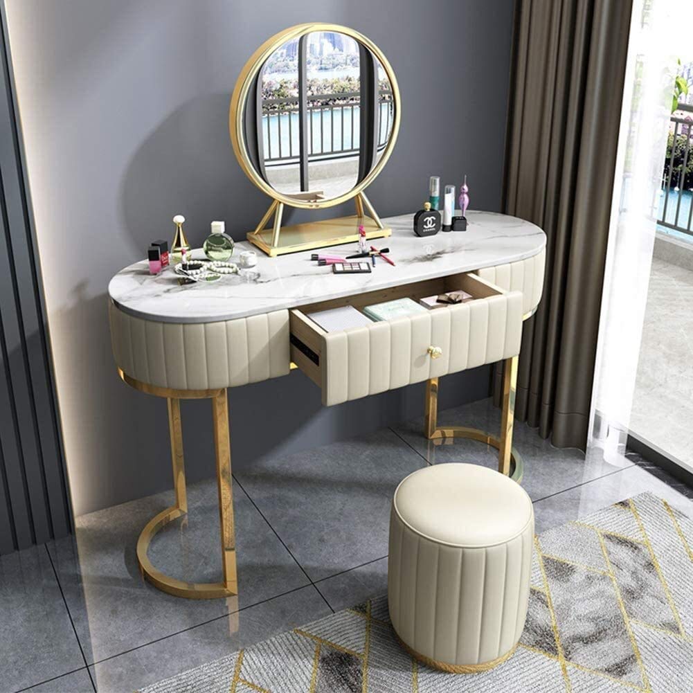 high-end Dressing Table Vanity Table Set with Drawers Modern Makeup Dressing Table with Round Mirror and Cushioned Stool : Home & Kitchen