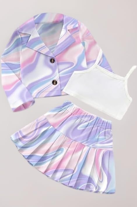 Girls Printed Jacket and Skirt with Solid Cami Top Set | Multicolour Dress for Kids | Three Piece Co ord Set Dress for Girls Jacket Top