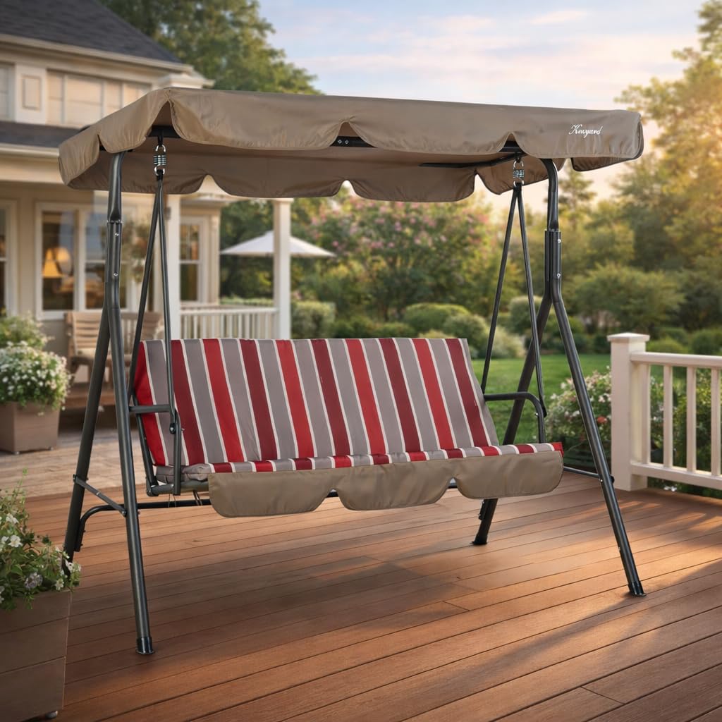 Kozyard Alicia 3-Seat Patio Swing, Outdoor Canopy Swing with Steel Frame, Adjustable Canopy and Removable Cushions for Porch Patio Garden Poolside, Red Stripe