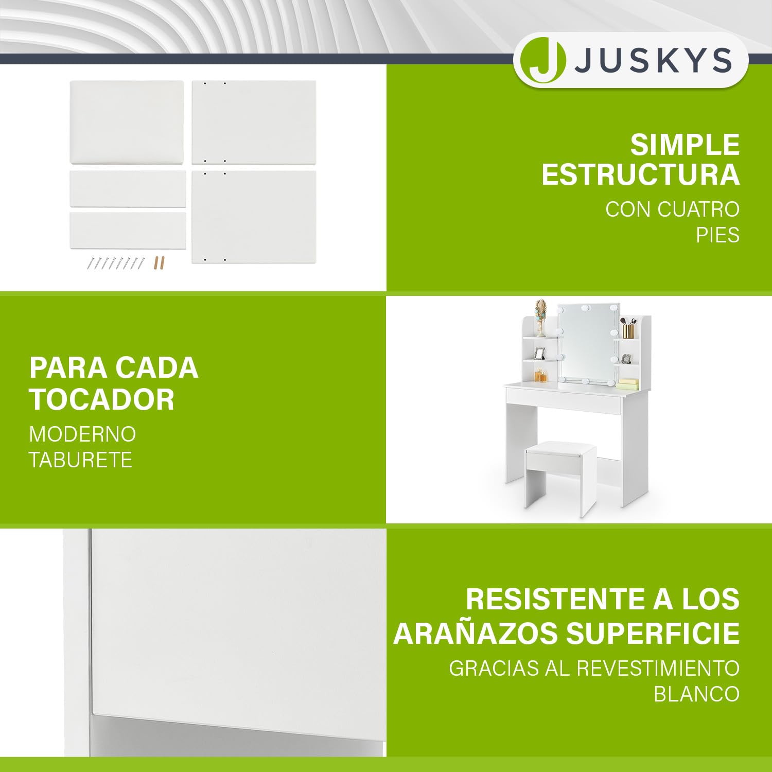 Juskys Tocador Melly Con Taburete - Madera Con Cojín Acolchado y Funda de Polipiel - Moderno y Acolchado de 40 x 30 x 43 cm en Blanco