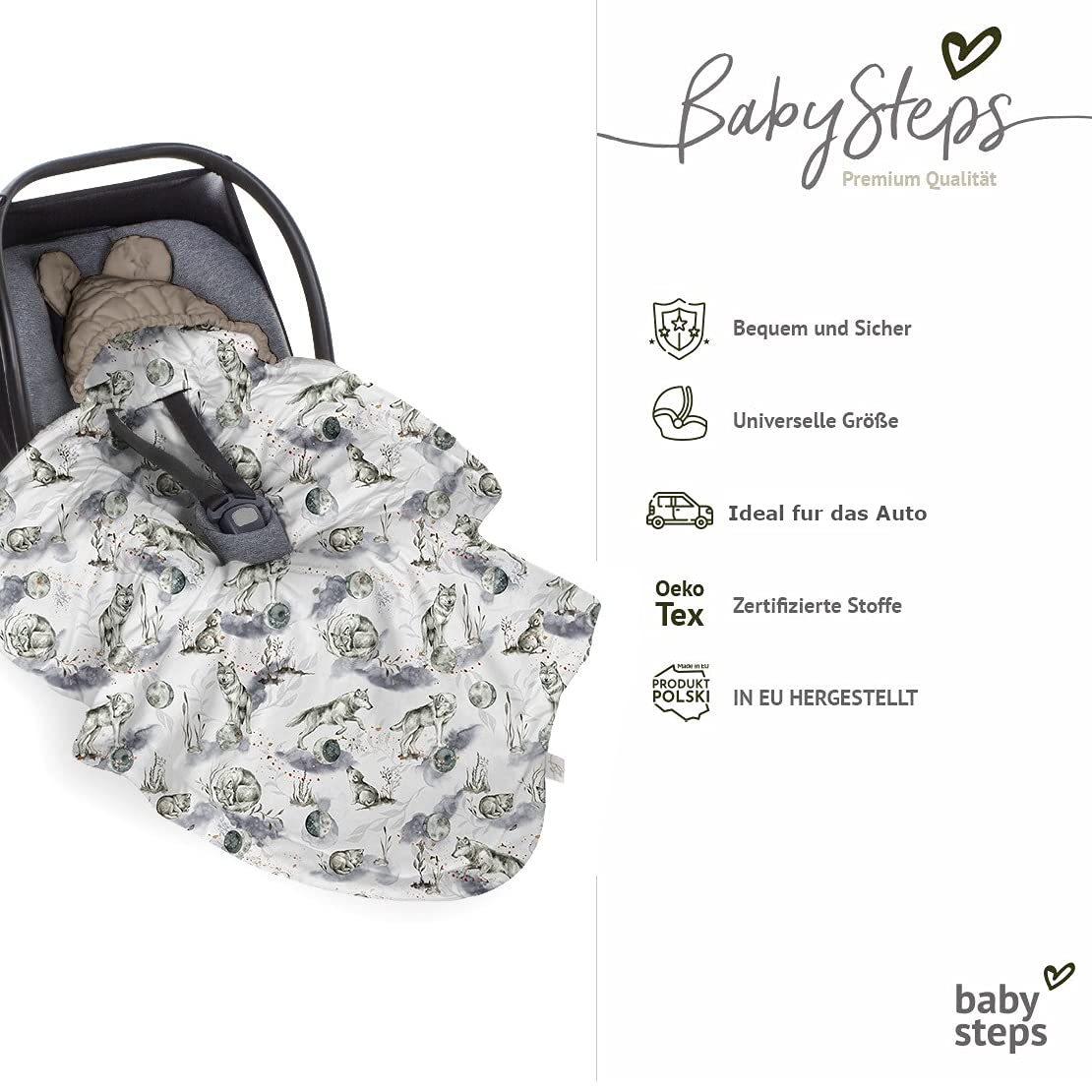 Baby Steps Manta envolvente para portabebés, universal, para asiento de coche, cochecito, cuna, 115 x 90 cm, apta para Maxi-Cosi, Römer, Cybex, fabricada en la UE (Wolf Moonlight-Vintage Khaki)