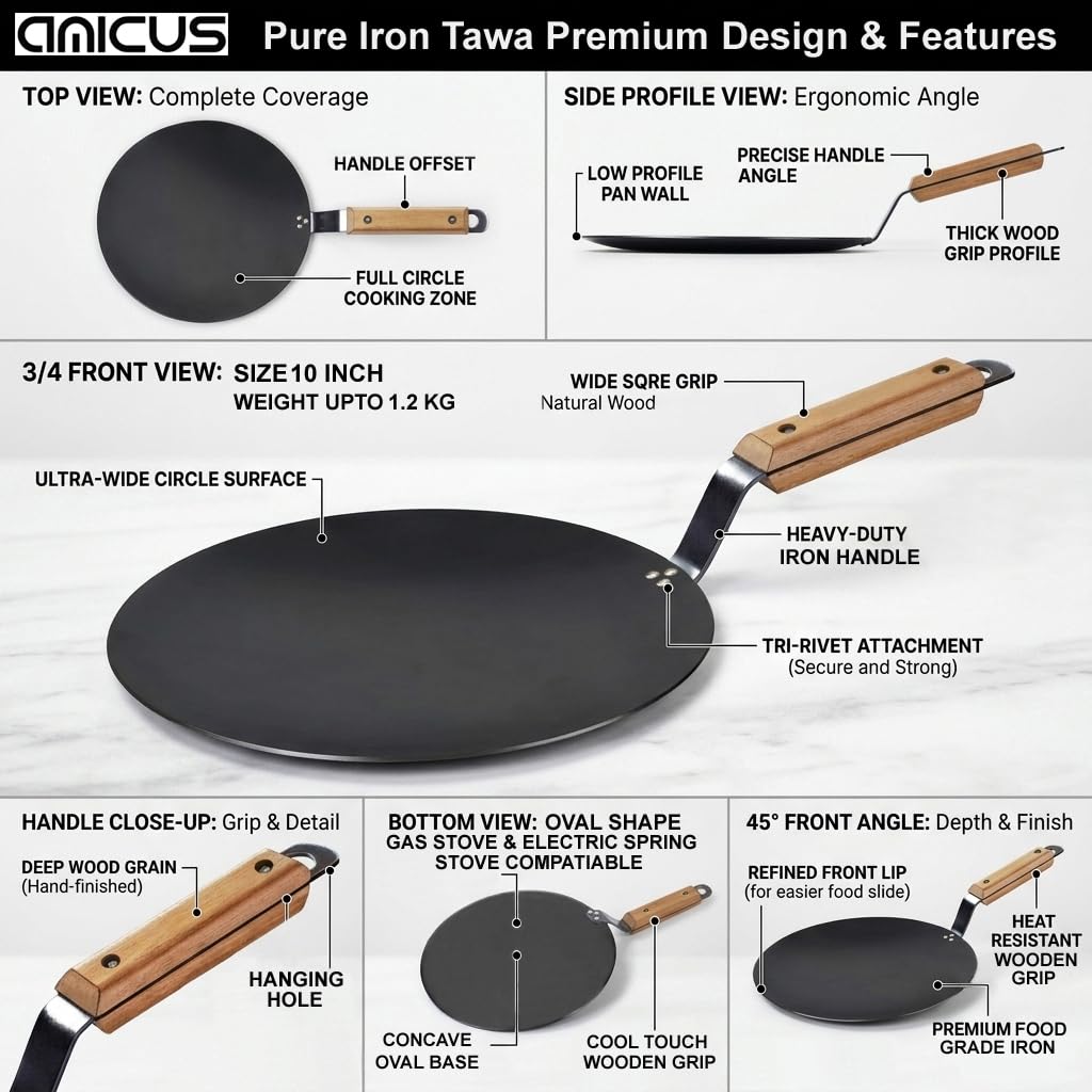 amicus Kitchen Premium Iron Tawa for Roti Chapati Concave Iron Tava with Wooden Handle 10 Inch 1.2 Kg Black Food Grade Smooth 100% Multipurpose Tawa 3