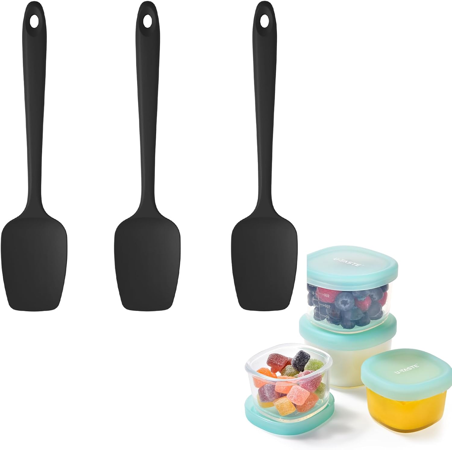 U-Taste 600ºF High Heat Resistant Silicone Spoon Spatula Set of 3 (Black) and 3oz 6oz Small Storage Containers Food Grade Liquid-Silicone Freezer Box Set of 4 (Aqua Sky)