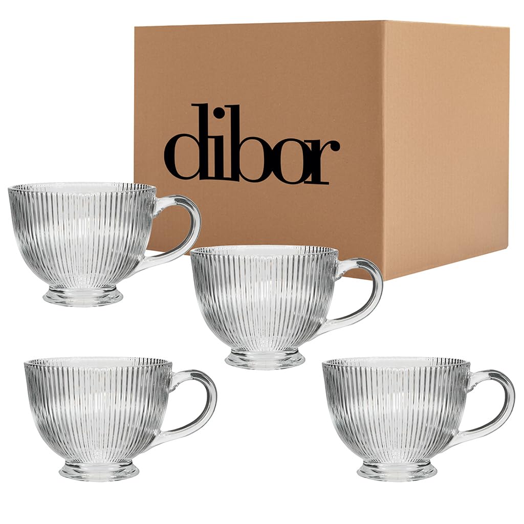 Dibor Glass Coffee Mugs Pack of 24 Embossed Glass Cups Restaurant/Bar/Café Glassware Tea/Latte/Cappuccino/Hot Chocolate Drinking Glasses Set with Handle 400ml Glass Mugs (Ribbed)