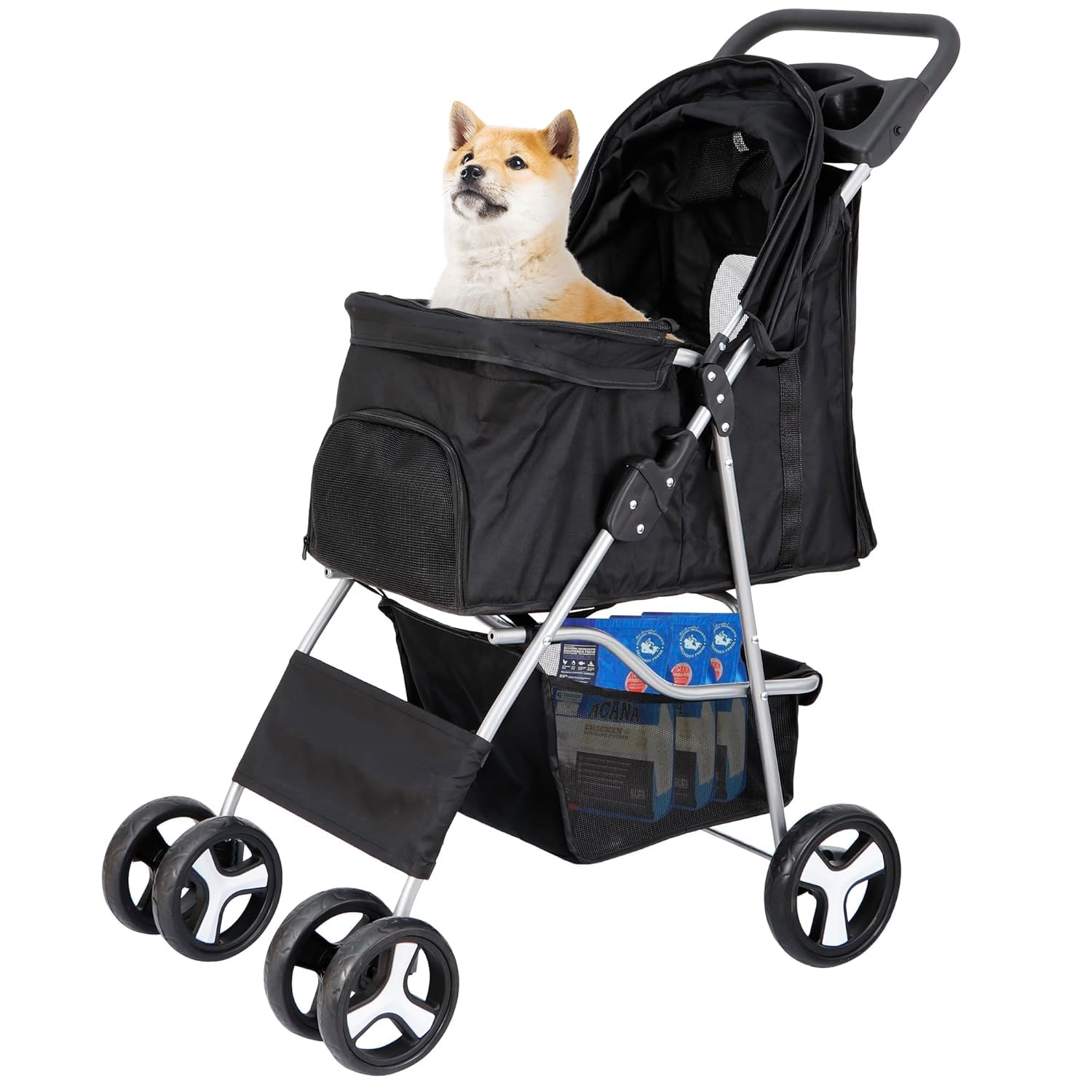 Saicool Pet Stroller for Medium Small Dogs - Easy to Walk Folding Travel Carrier Strolling Cart with Cup Holder, Weather Cover and Storage Basket'