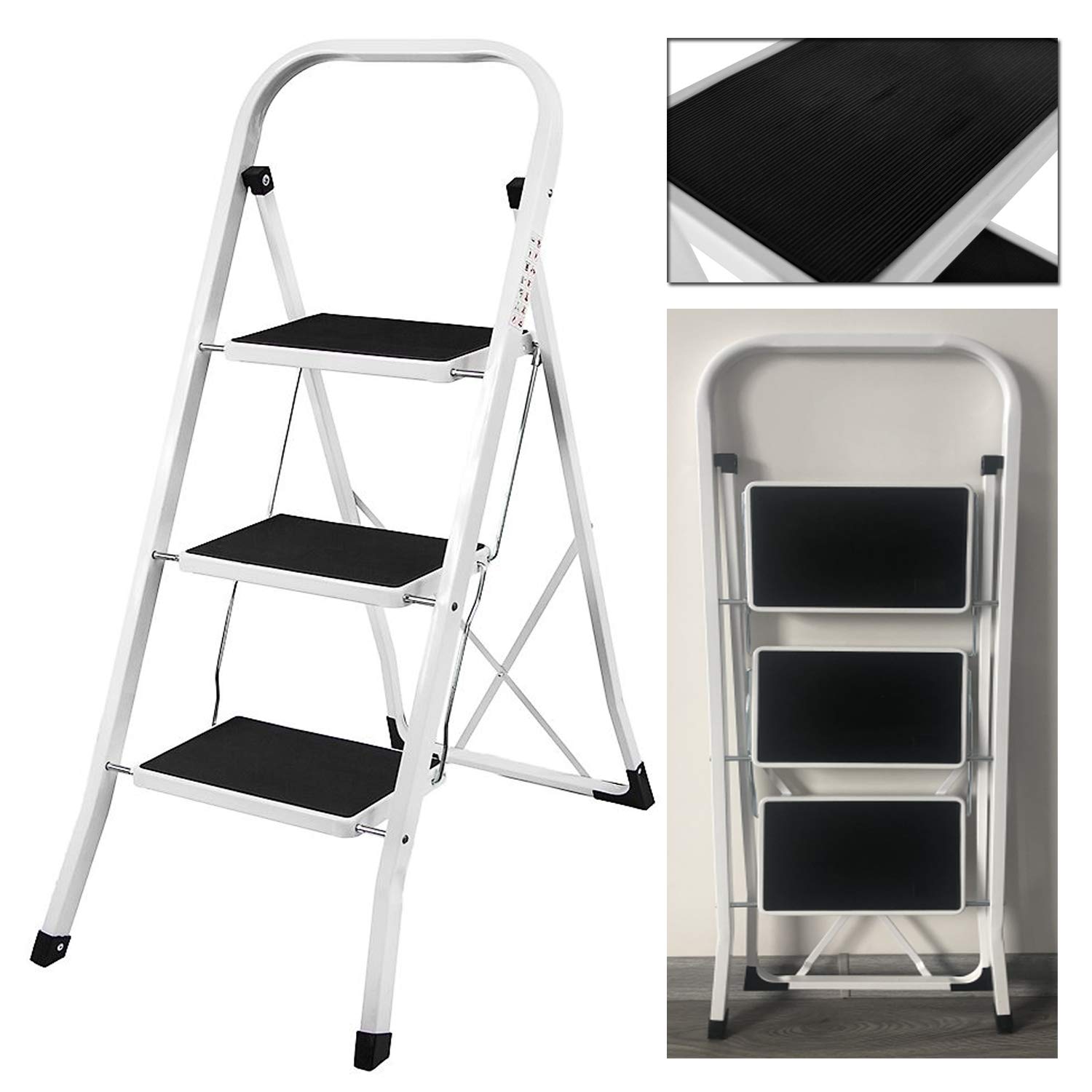 Siky Black 3 Step Steel Ladder Foldable Compact Step Stool Anti Slip Feet Easy To Store Design
