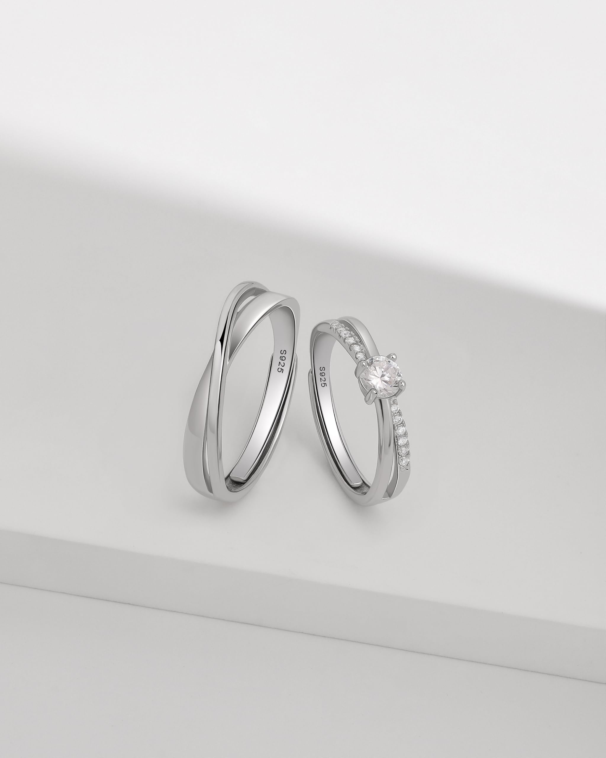 Messia Alianzas de Plata Pareja Anillos de Compromiso de Ley 925 Diseño Cruzado con Circonita Redonda Anillo Ajustables para Ella y Él Boda Aniversario Regalo