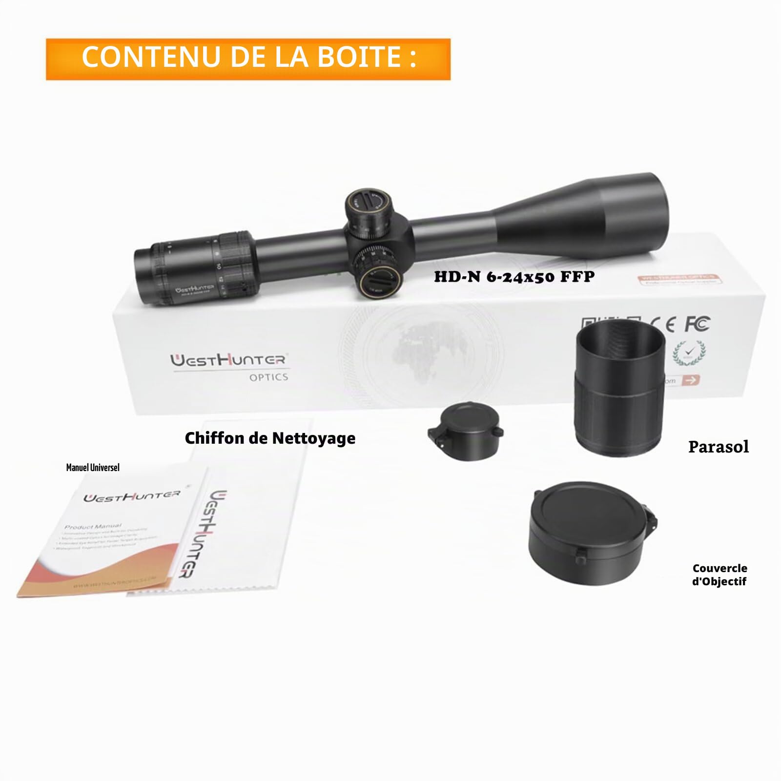 WestHunter HD-N 6-24x50 FFP Lunette de Visée Réticule Gravé Verre Premier Plan Focal Tube 30 mm Tir Précision Tactique 1/8 MOA