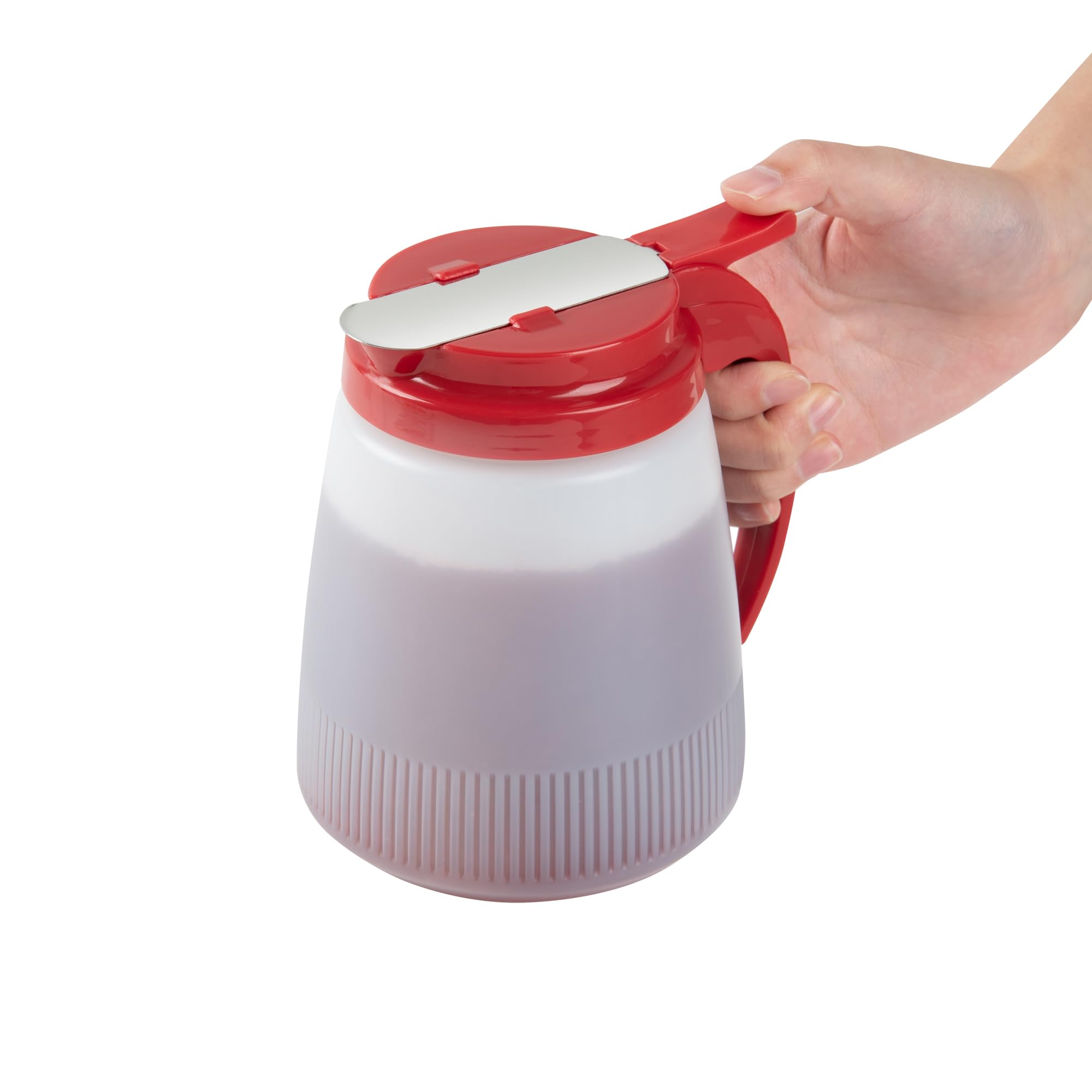 Restaurantware RW Base - Dispensador de jarabe multiusos de 32 onzas, 1 dispensador de miel, parte superior roja, cubierta deslizante de acero inoxidable, dispensador de jarabe de panqueques de
