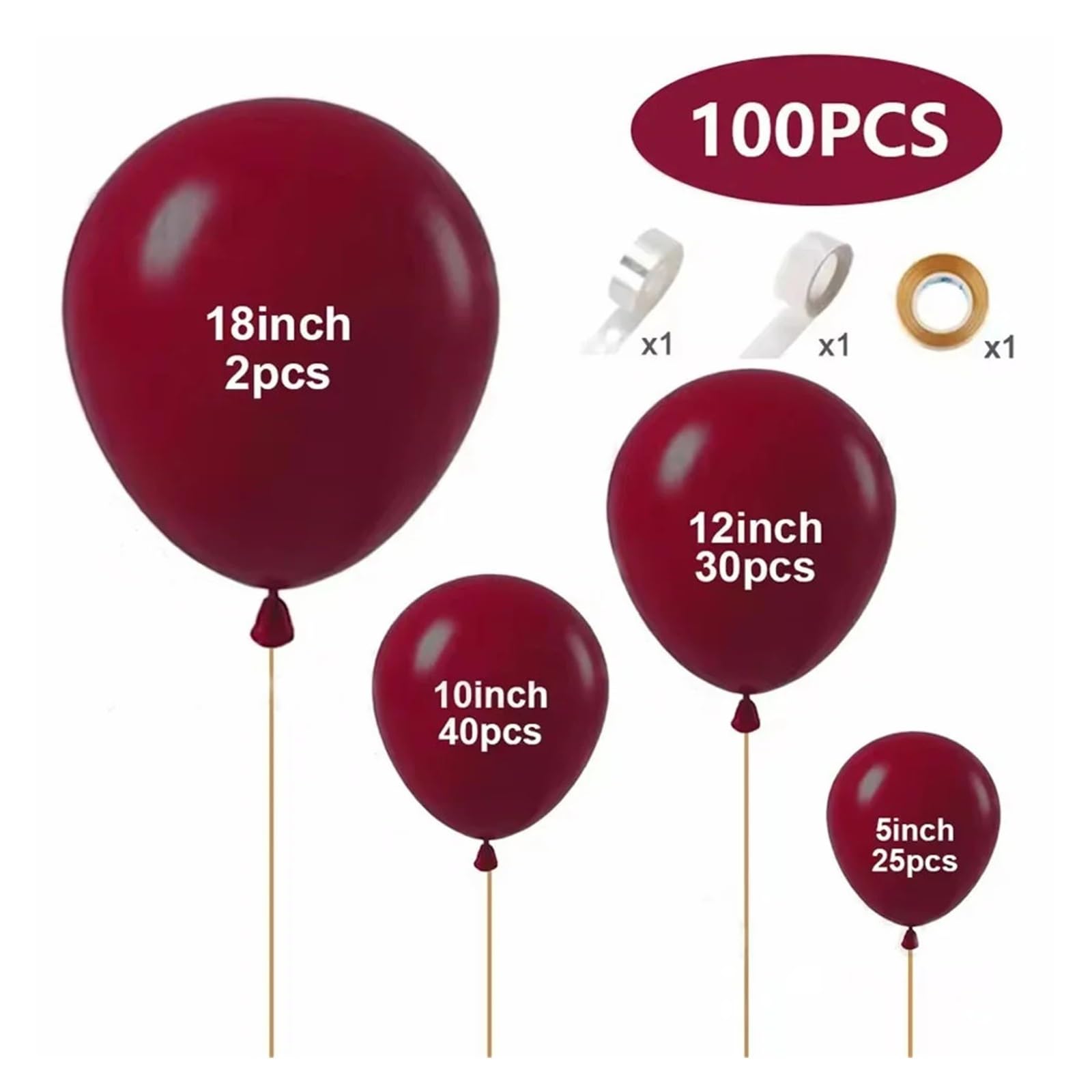 100 Stück dunkelburgunderrotes Latex-Luftballon-Set 5/10/12/18 Zoll Wein for Geburtstag, Weihnachten, Hochzeit, Party-Dekoration